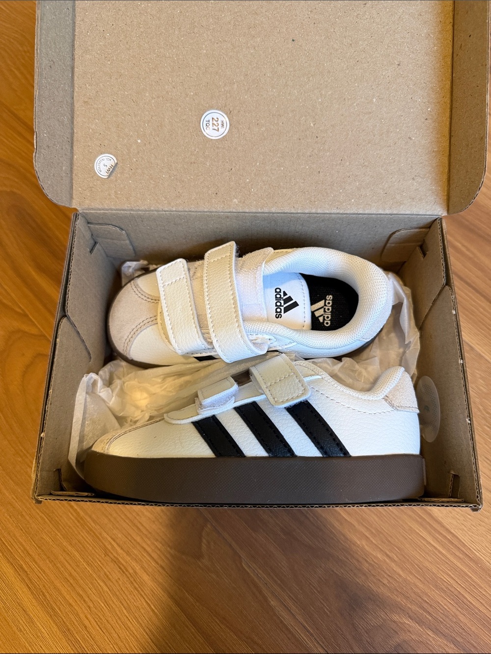 adidas Kids White Sneakers with Black Stripes and Brown Sole